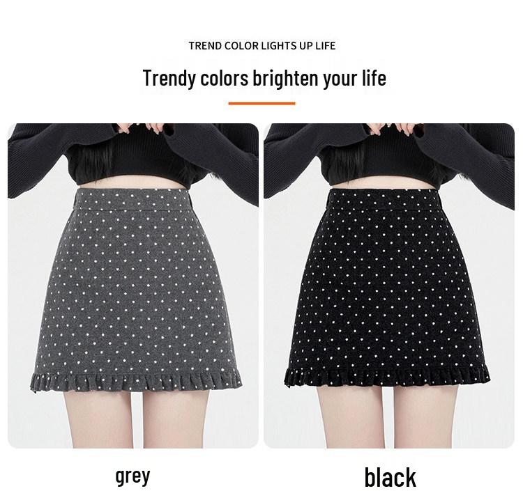 Women's Slim Fit Wool Polka Dot Ruffle Mini Skirt - High Waist, Casual Autumn/Winter A-line