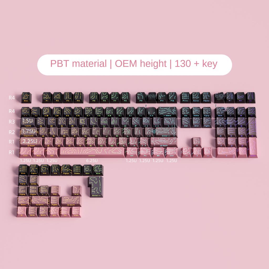 Topographic Keycaps Contour Lines Shine Through 98 Key PBT Cherry Profile Side Print Backlit for MX Gamer Mechanical Keyboard
