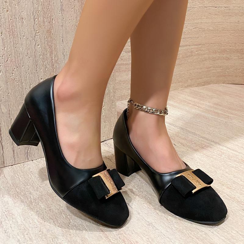 Fashion Coarse Heel Shoes Spring New Round Head Suede Splicing Metal Buckle Set Foot Anti-slip Wear-resistant High Heels