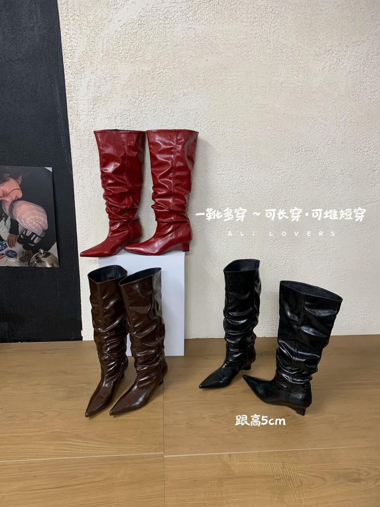 Autumn and winter new European and American long tube slope heel wide tube high boots wrinkled but knee piled boots