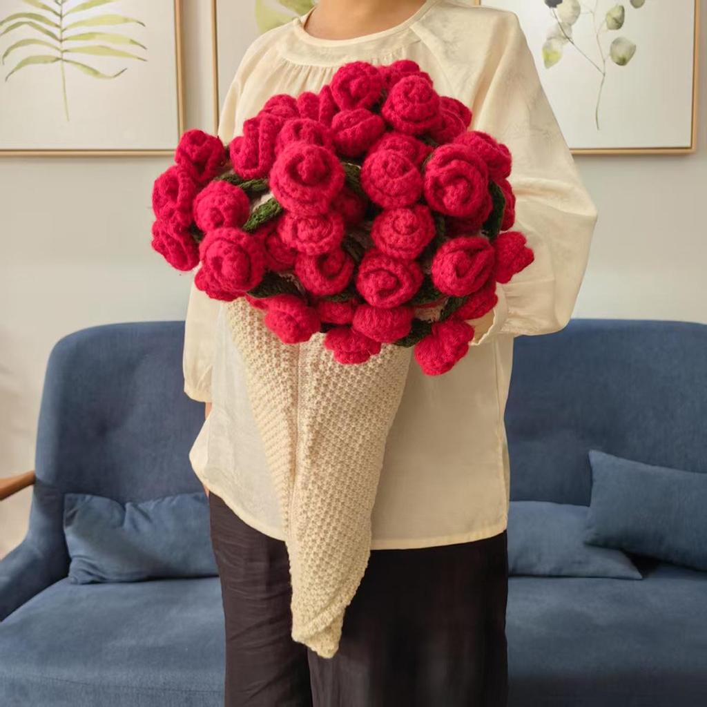 Handmade Knitted Rose Bouquet Round Crochet Flower Blanket