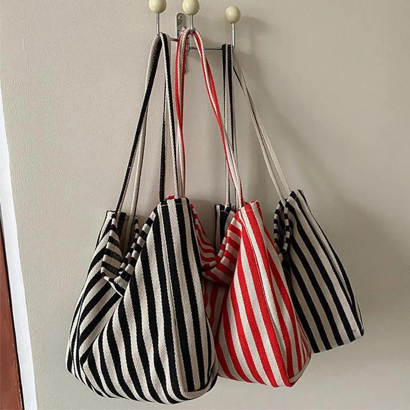 Large-capacity Canvas Female Shopper Handbag, Simple Striped Single-shoulder Female Casual Multi-functial Travel Handbag
