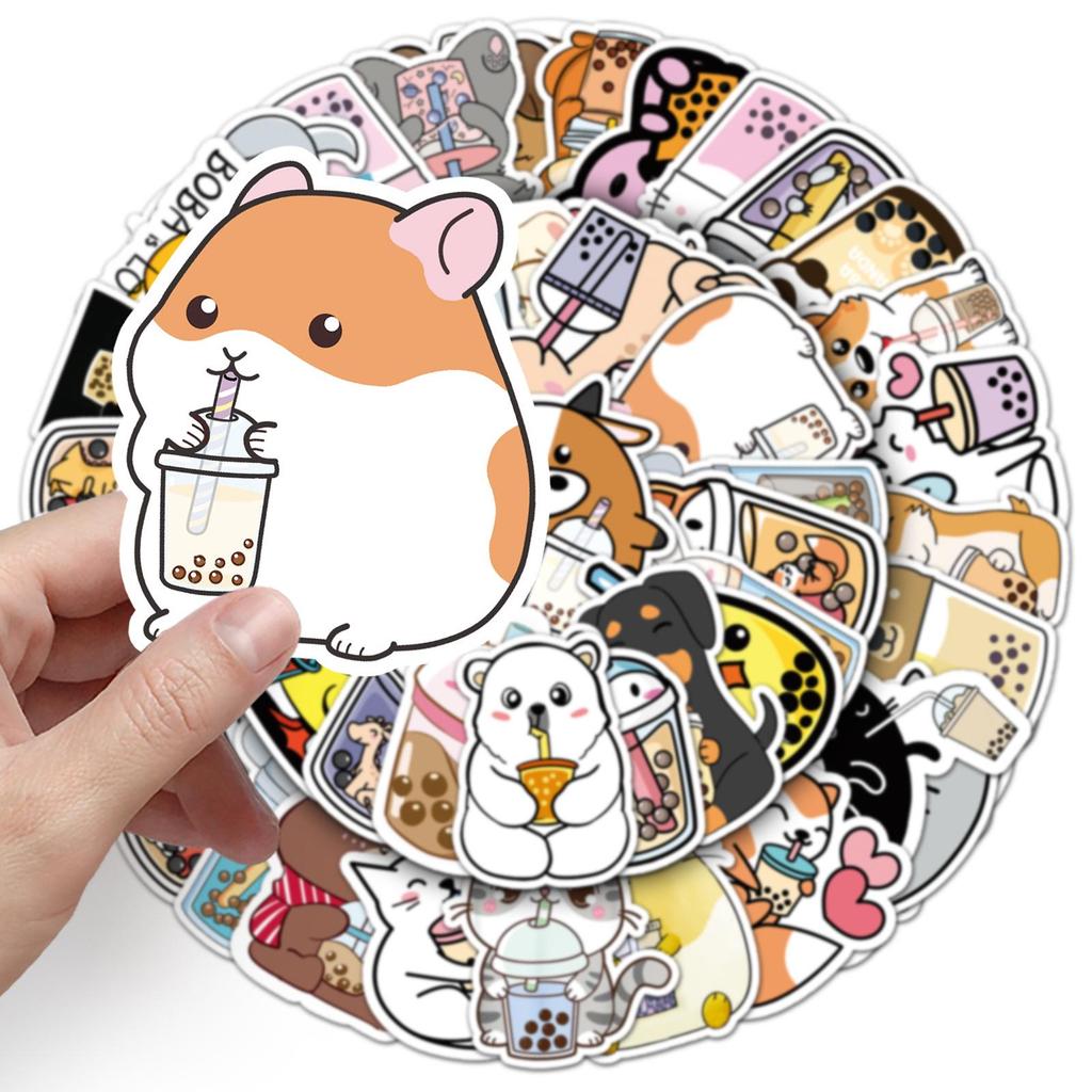 50 Cartoon Animal Milk Tea Stickers for Journals, Scooters, Cars, Suitcases, and Refrigerators