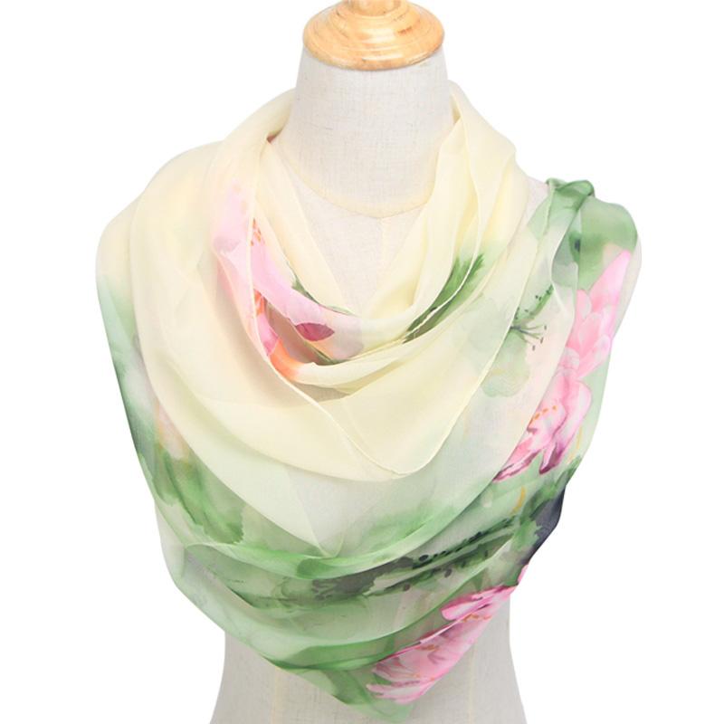 Fashion Women Ultra Thin Long Chiffon Flower Print Silk Scarves Spring Polyester Lotus Pattern Soft Sunscreen Shawl Scarf N49