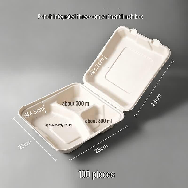 Meilinbula Disposable 3-Compartment Degradable Lunch Boxes, 9-inch
