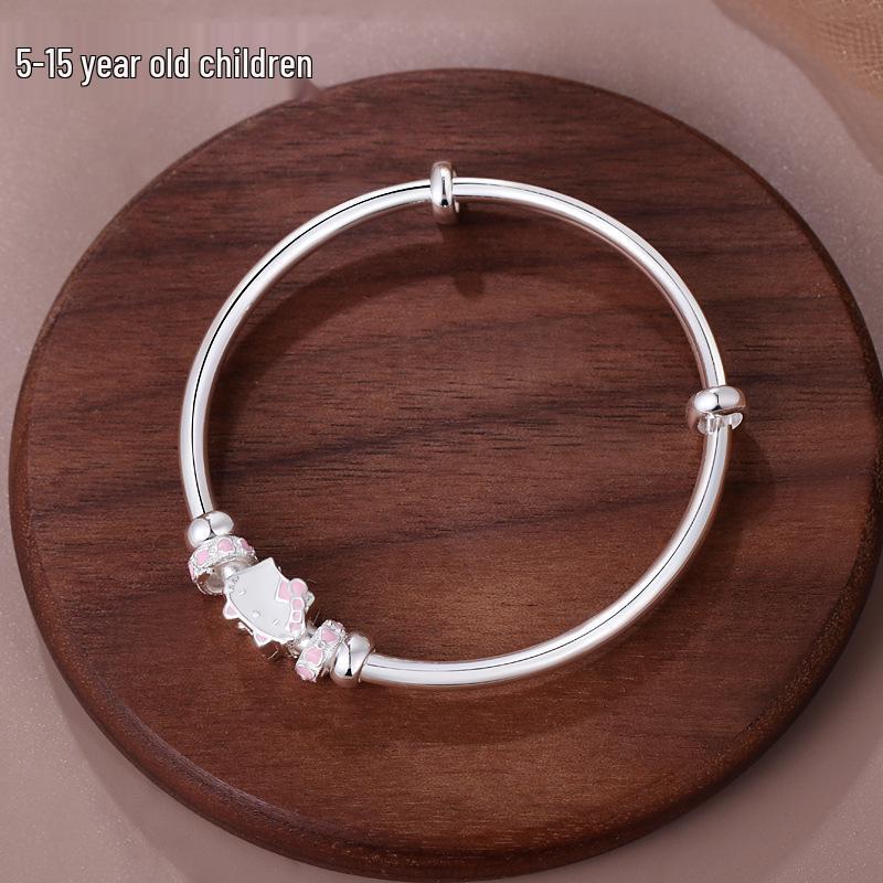 Sterling Silver Cartoon Kitten Bracelet for Girls (Ages 4-15) - Push-Pull Design