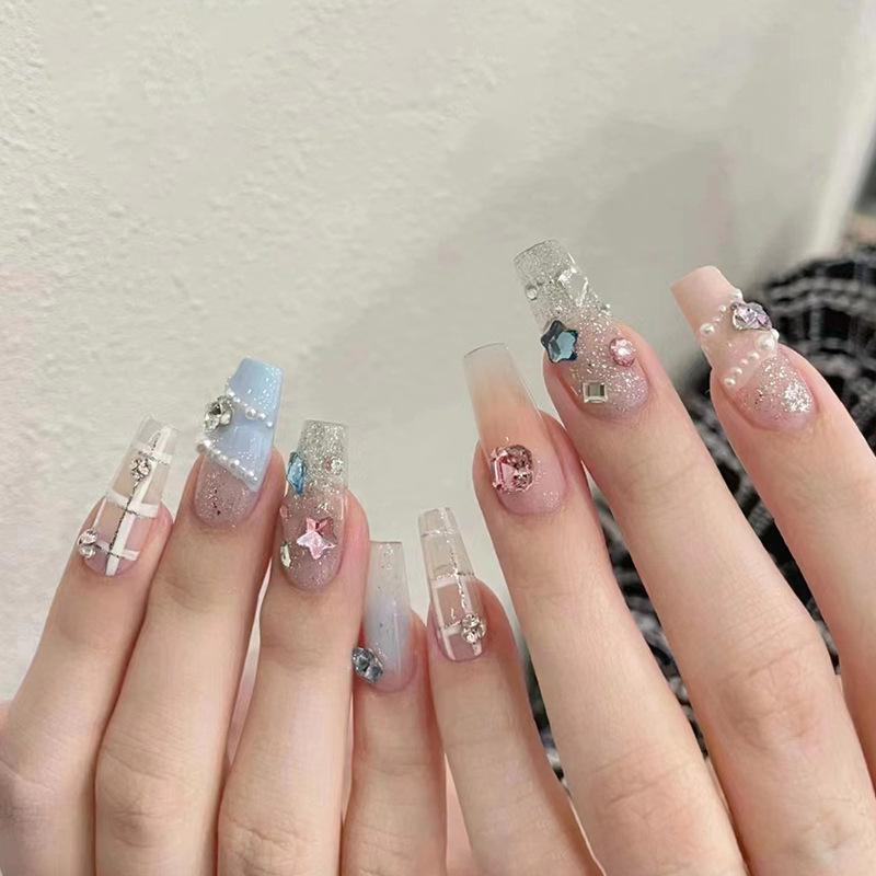 French pearl star diamond plaid pile diamond European and American ins style wearing nail piece