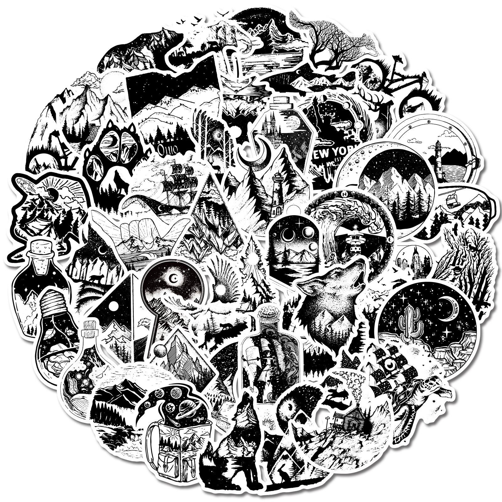 

50 Creative Black And White Goth Stickers, Punk Waterproof Suitcase Graffiti Stickers, Motorcycle Head Stickers