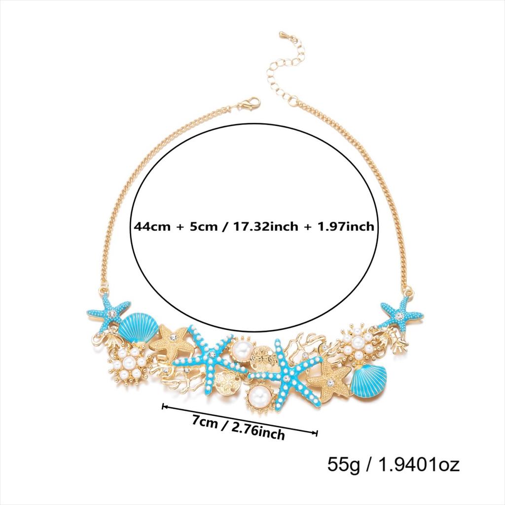 Imitation Pearl Blue Enamel Starfish Shell Coral Necklace Bracelet Set For Women Men Summer Sea Animal Beach Party Jewelry Set