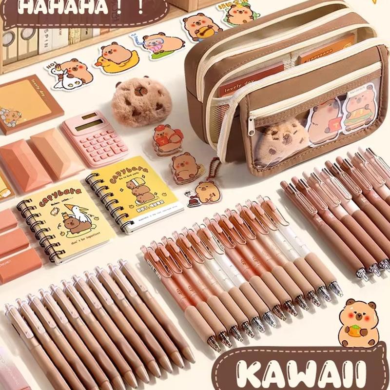 237Pcs Cute Capybara Pencil Case For Student Cartoon Anime Creative Pencil Bag High Capacity Stationery Storage Bag Pendant Pen