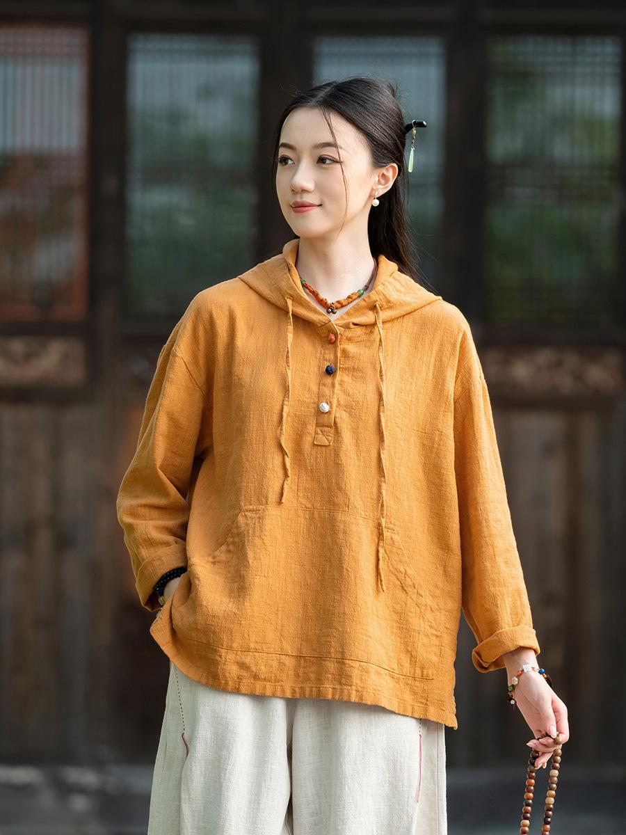 Johnature Vintage Women Hooded Shirts Solid