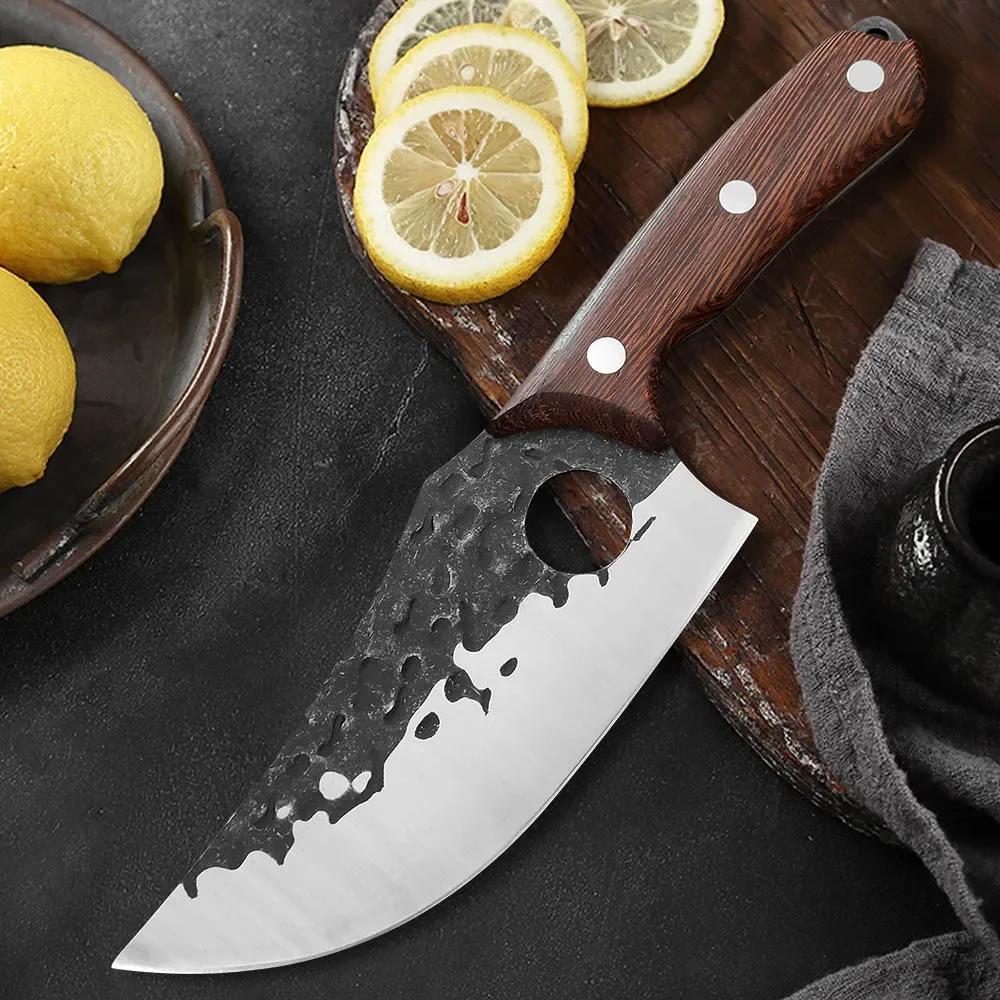 With Finger Hole Boning Knife Meat Cleaver Chopping Vegetables Kitchen Knives Hand Forged Blade Chef Slicing Knife Wooden Handle