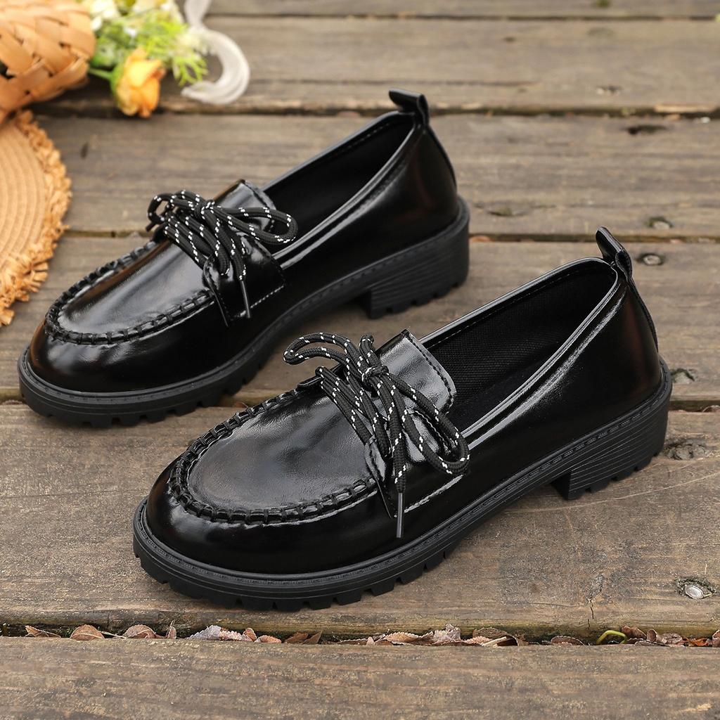 Жіночі однотонні модні та елегантні лофери, декоративні туристичні туфлі на шнурівці, взуття жіноче в коледжному стилі з круглим носком та товстим підбором