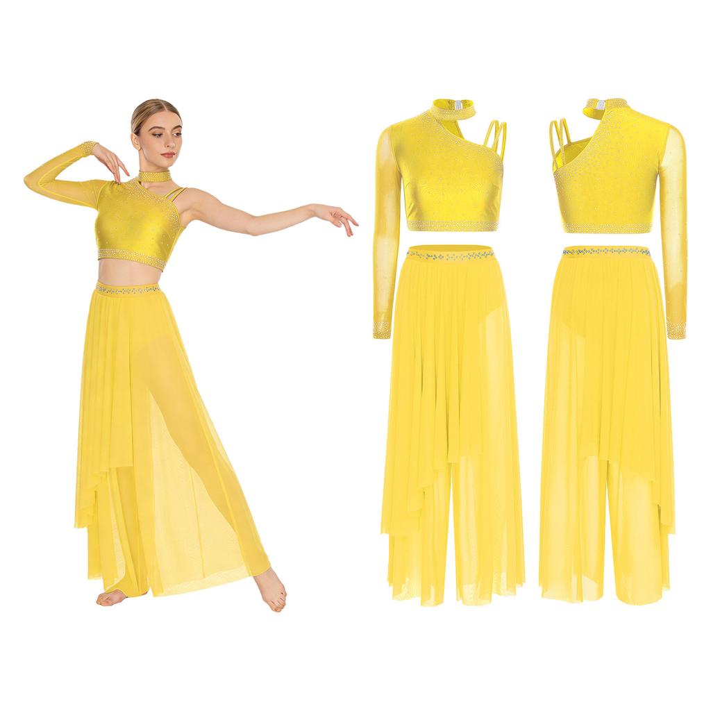 Damen Lyrisches Tanz Performance Set S-XXL: Asymmetrisches Crop-Top mit einem Ärmel, Strasssteinen & locker sitzende Überwurfhose
