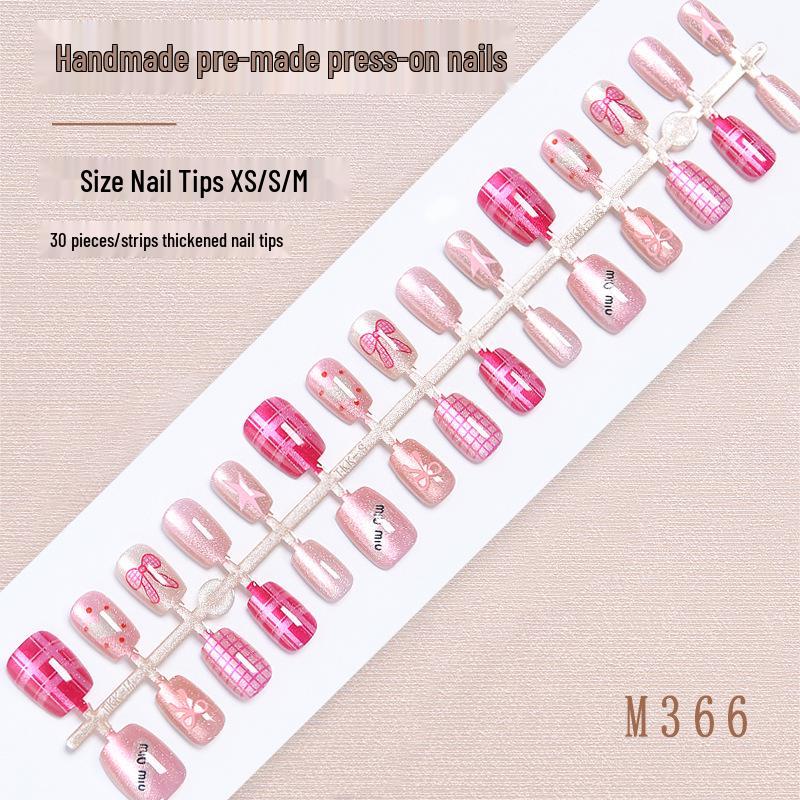 

Pink Heart Cat Eye Bow Nail Stickers: Short Handmade Girly False Nails