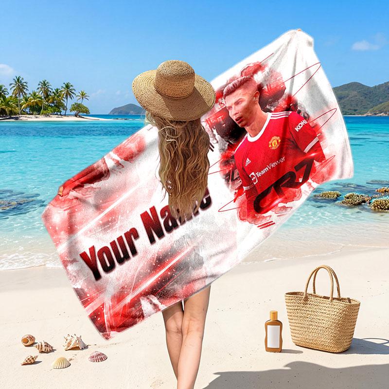 Cristiano Ronaldo Custom Beach Towel, Personalized Name Text Print, Football Logo Soft Quick‑Dry Towel Holiday Gift