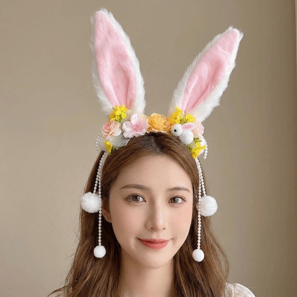 Flower Rabbit Hair Band Plush Rabbit Ear Hair Ornament Funny Mid-Autumn Festival Headband Festival