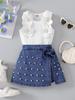 2026 European & American Floral Top + Bow Pearl Denim Pants Set for Girls