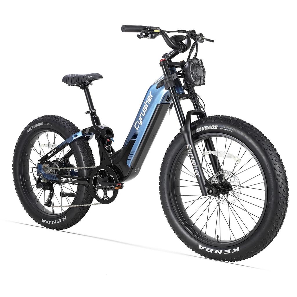 Cyrusher Trax 2.0 Blue/Orange/Gray 250W Bafang Motor, 52V 20Ah Battery, 26x4.0-inch Tires, 9-Speed Dual-Suspension Electric Mountain Bike