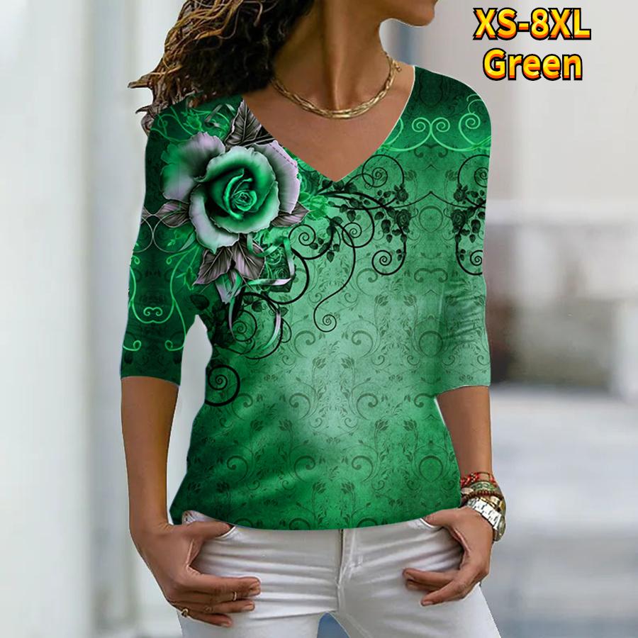 Γυναικεία Φθινοπωρινά Φλοράλ Τριαντάφυλλο στο Στήθος Τυπωτά Μπλουζάκια Μακρυμάνικα Χαλαρά με V Λαιμόκοψη Μεγάλα Μεγέθη Μπλουζάκια Τοπ Άνετη Μπλούζα