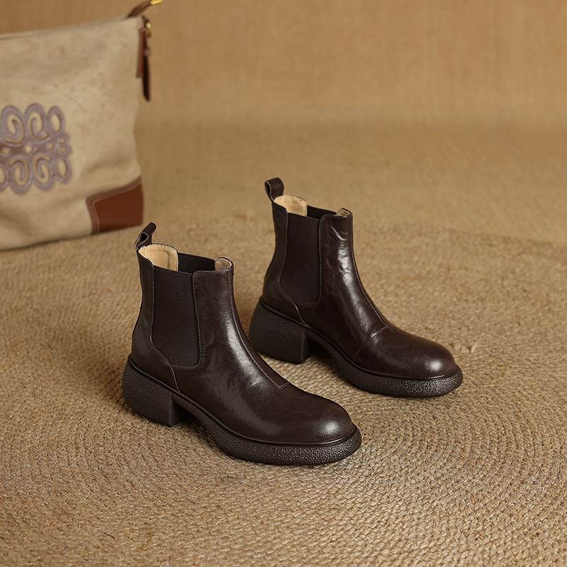 Krazing Pot Sheepskin Pleated Decoration Autumn Winter Shoes Chunky Heels Size 43 Size 42 Round Toe Slip on Retro Fashion Ankle Boots