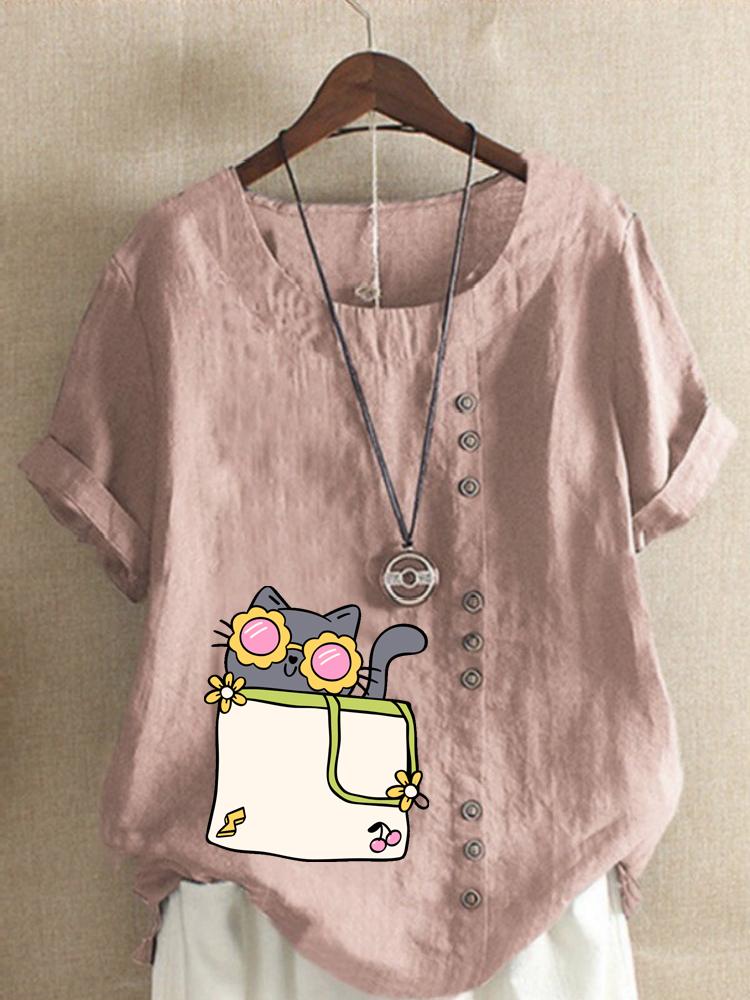 Women's Fashion Cat Print Casual Cotton Linen Short Sleeve Round Neck T-shirt Shirt Leisure Loose Summer Blouse Tops