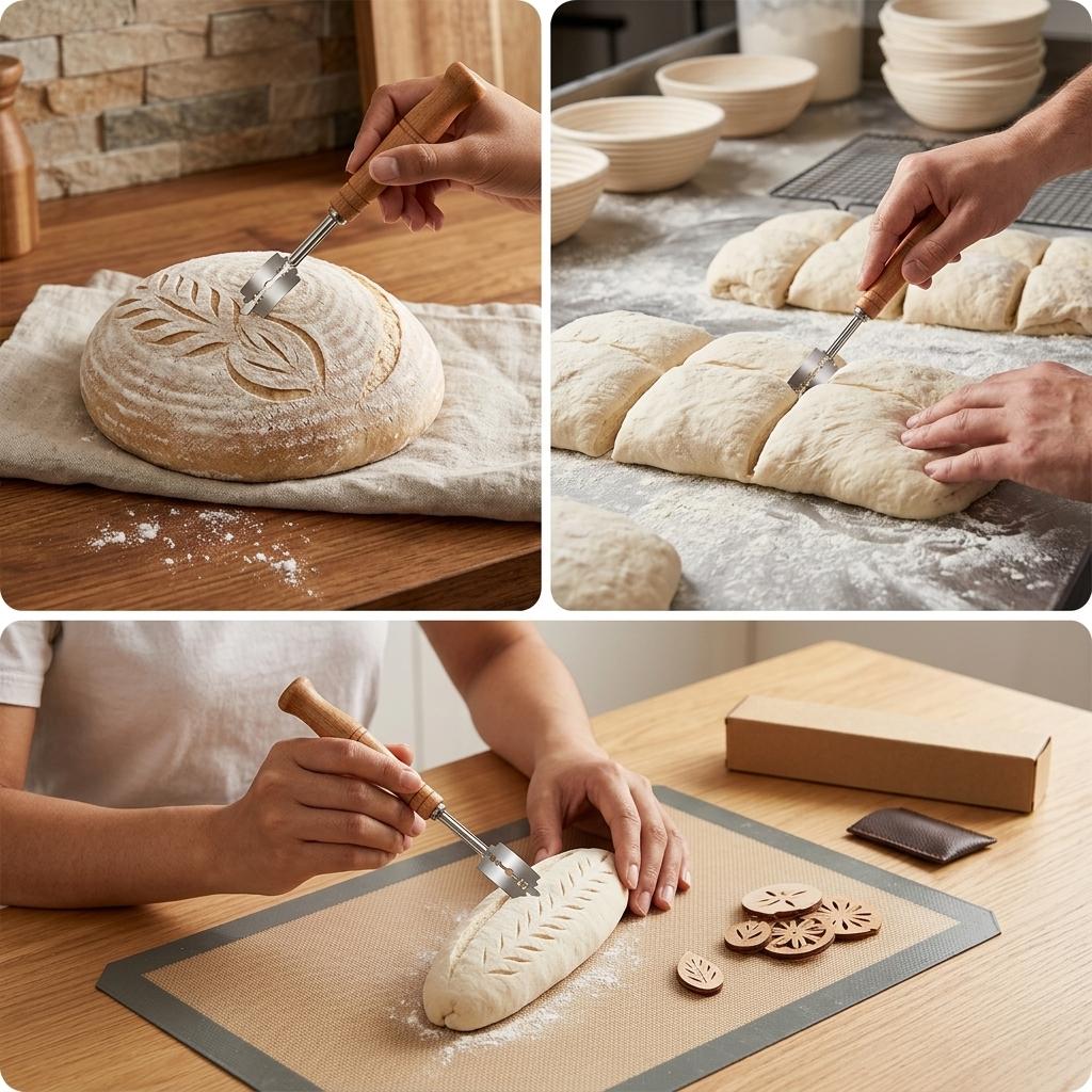 Stainless Steel Bread Scorer Wooden-Handle Curved Dough Cutter Tool For Baking