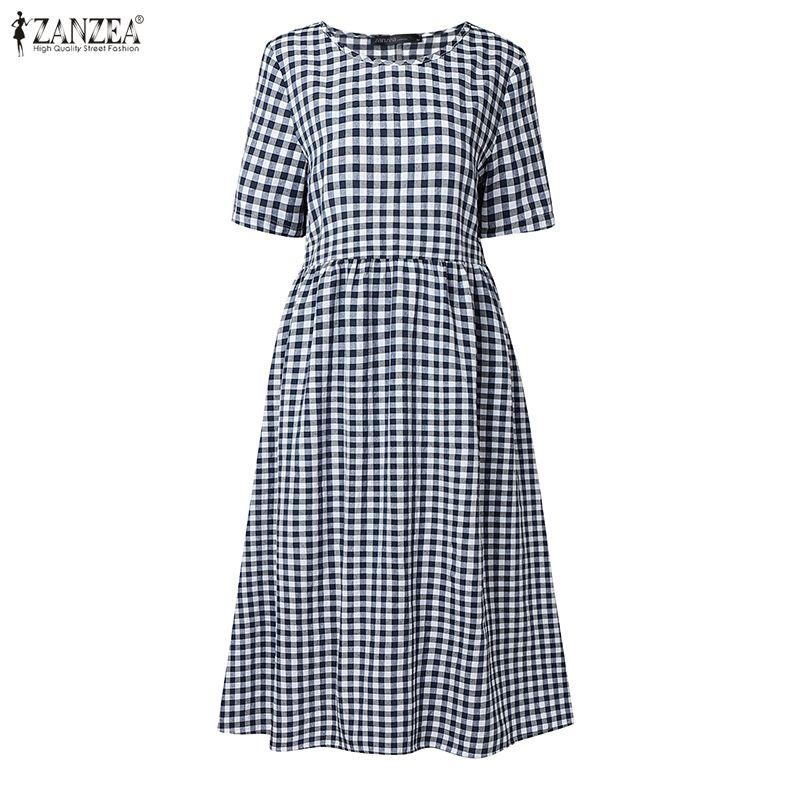 ZANZEA Women Casual Round Neck Grid Print Loose Short Sleeve Dres