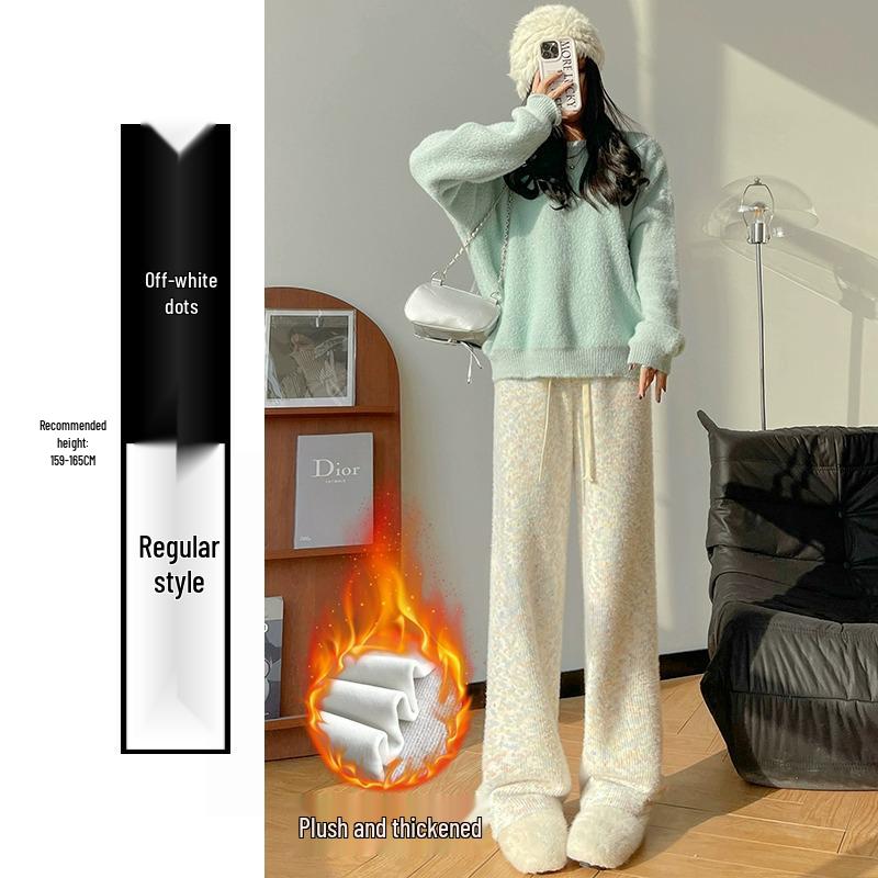 High-End Fleece-Lined Wide-Leg Pants, Cute Rainbow Polka Dot Straight Pants, Petite High-Waisted Drape Style.