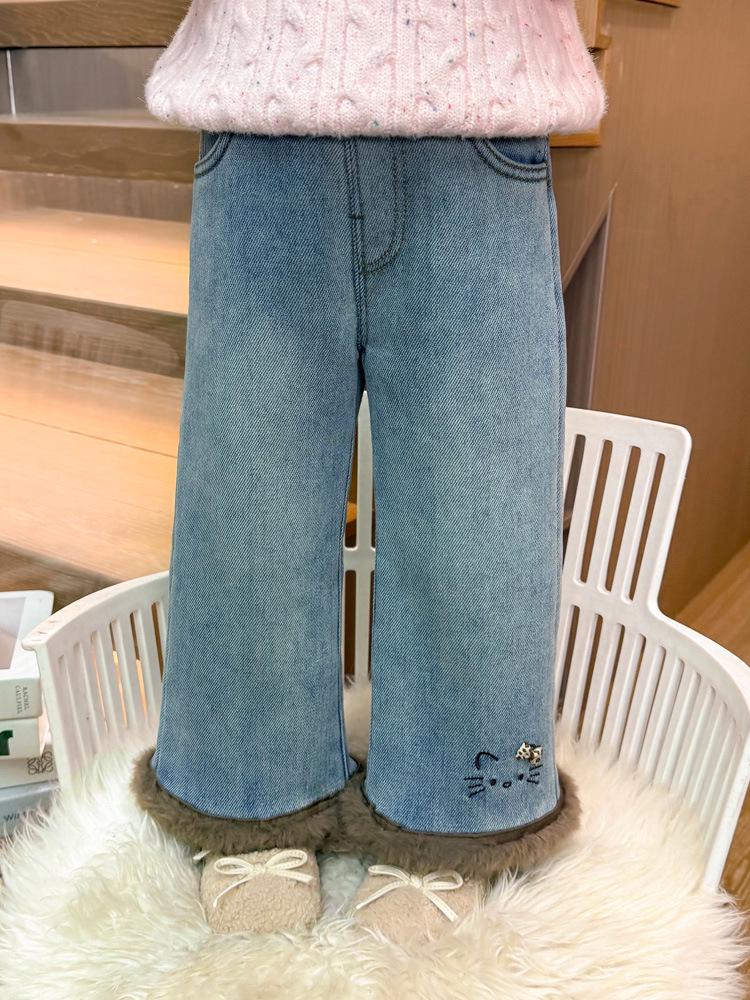 Flickors fleecefodrade kattbyxor: Vinter 2025 Raka Jeans