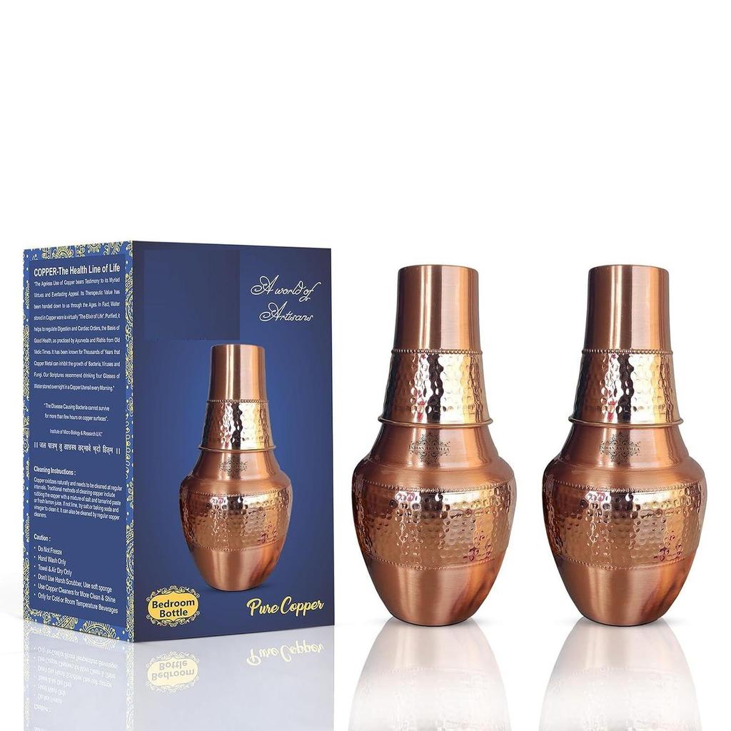 Pure Copper Bedroom Bottle with Inbuilt Glass Storage & Drinkware, Volume 1.25 Litre (Pack of 2)