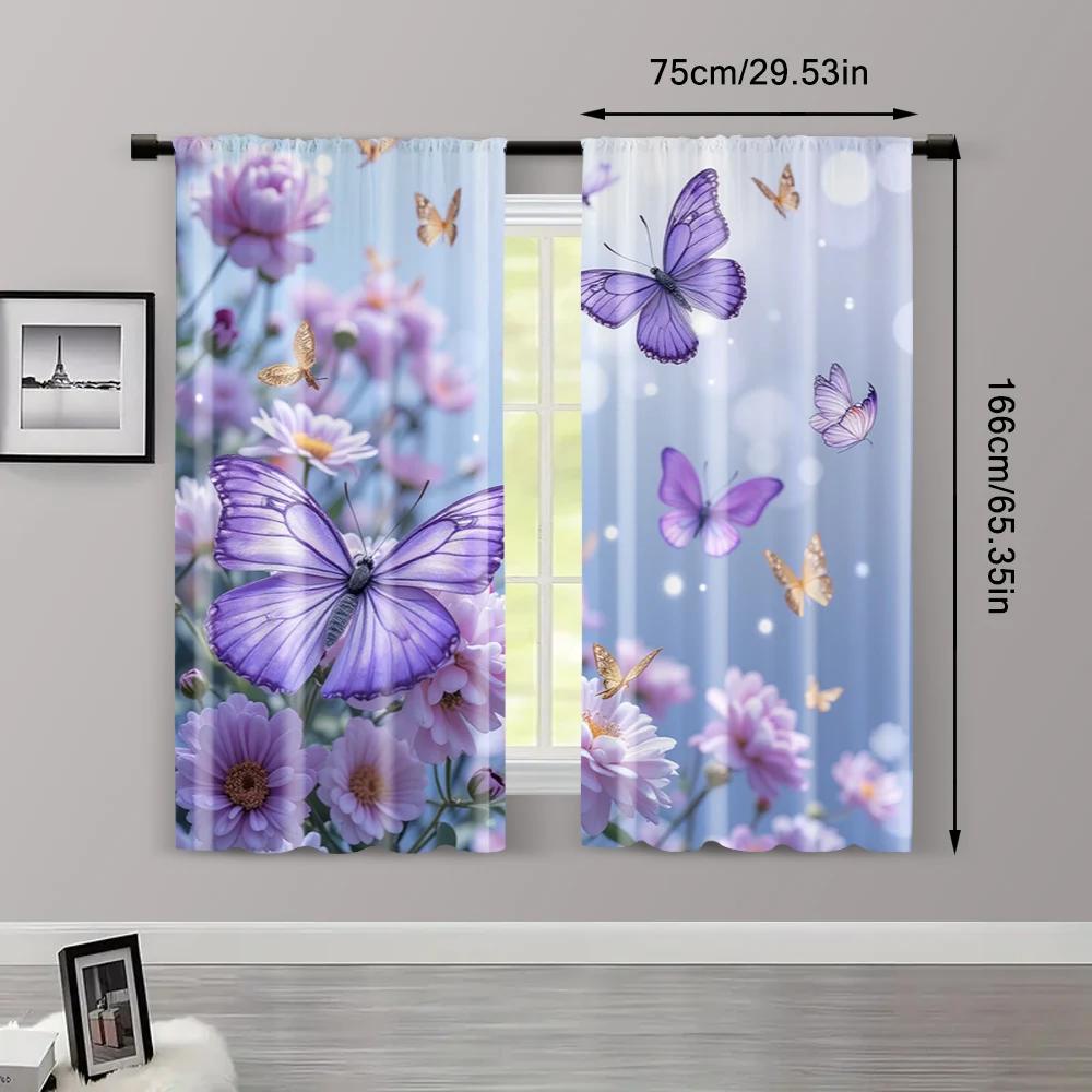 2pc    Window Curtains Butterfly Pattern Versatile Polyester  Without Electricity Versatile Use for College Dormitory Decoration