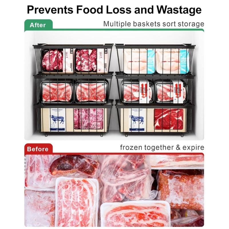 Pack of 5 Stackable Freezer Baskets Freezer Organizing Case Freezer Containers Metal Texture Suitable for Refrigerator