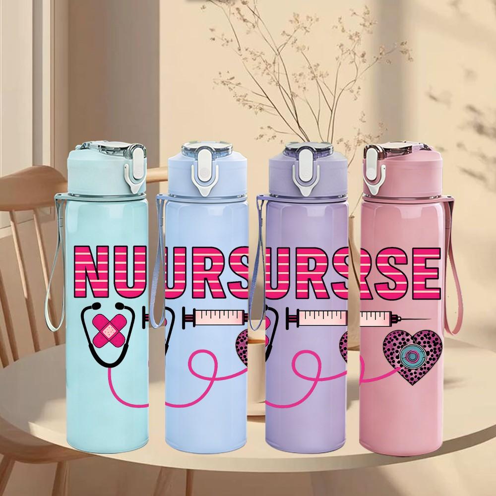 1PC Nurse Stethoscope Heart Color 750ml Color Plastic Sports Water Bottle Leakproof Flip Straw Lid Suitable for Sports Office Home Use