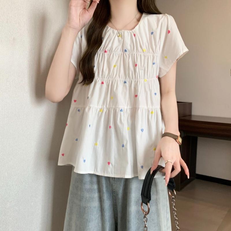 Fold Design Women's Short Sleeved T-shirt Colorful Heart Print Round Neck Tees Korean Sweet Ladies Clothing