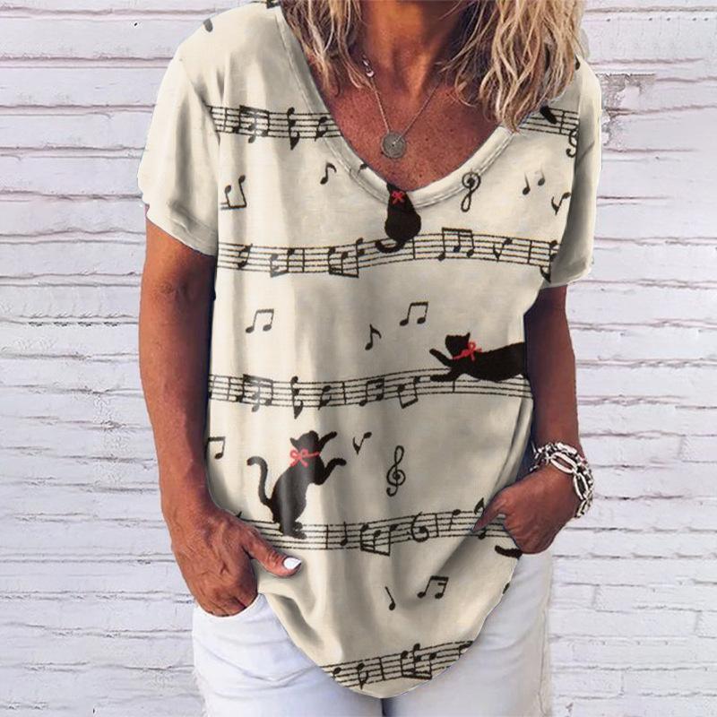 Women's Casual T-shirt Top New V-neck T-shirt Loose Short Sleeved 3D Digital Printed Cat Pattern T-shirt