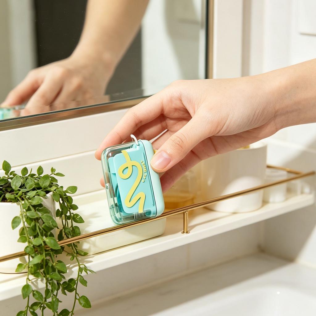 Portable Dental Floss Dispenser Box with Automatic Pop-up Function Includes 50 Disposable Floss Picks Compact Storage Case for Home and Travel Use