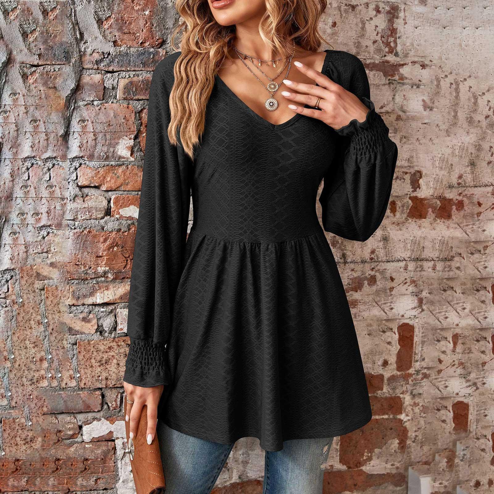 

Женская повседневная однотонная футболка с v-образным вырезом в стиле пэчворк и топ с длинными рукавами для женщин L чёрный