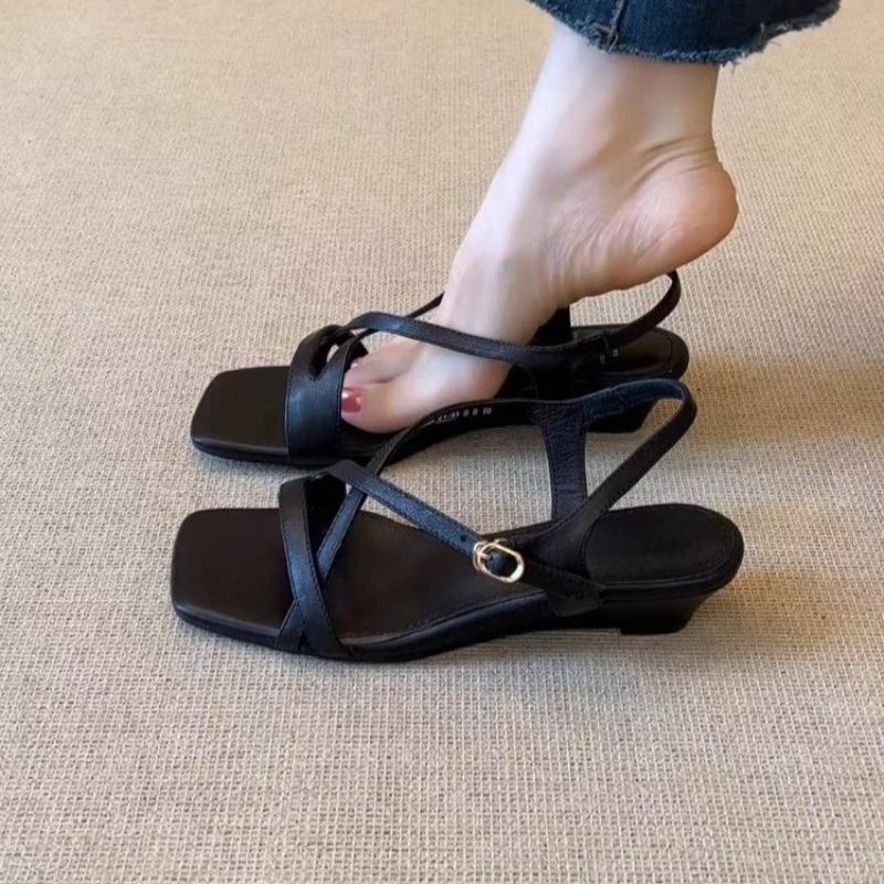 Fashion Simple Crossover with Square Toe Wedge Romans Feminine Fashion Open Toe Slip Strap Soft Sole Non-Slip Sandals