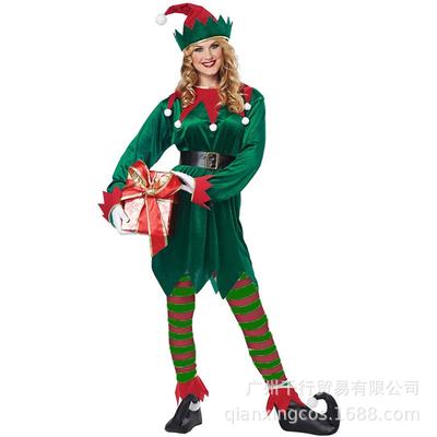 Halloweenský dospělý mužský a ženský párový vánoční elf roztomilý zelený elf jevištní kostým