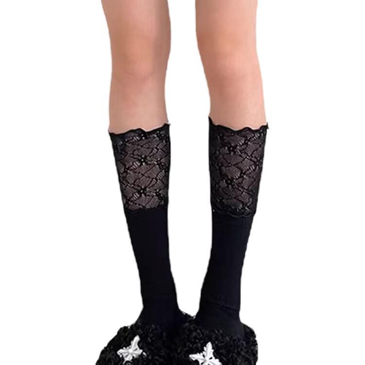 Women's Lace Patchwork Calf High Ballet Style Slouch Socks with Ruffle Trim