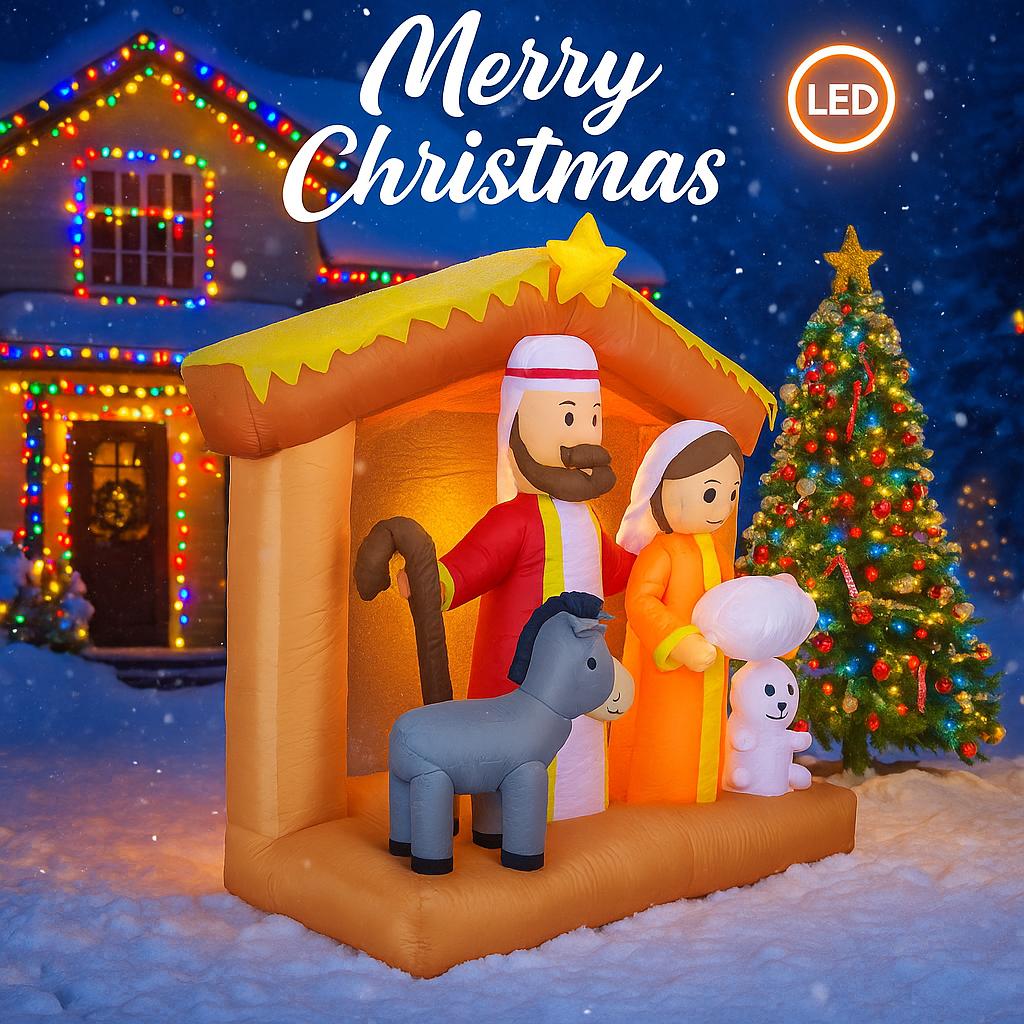 5.91FT Inflatable Toy Jesus Donkey Lamb Nativity With LED Lights Xmas Decorations for Yard Supplies Home Ornament Festive Gifts