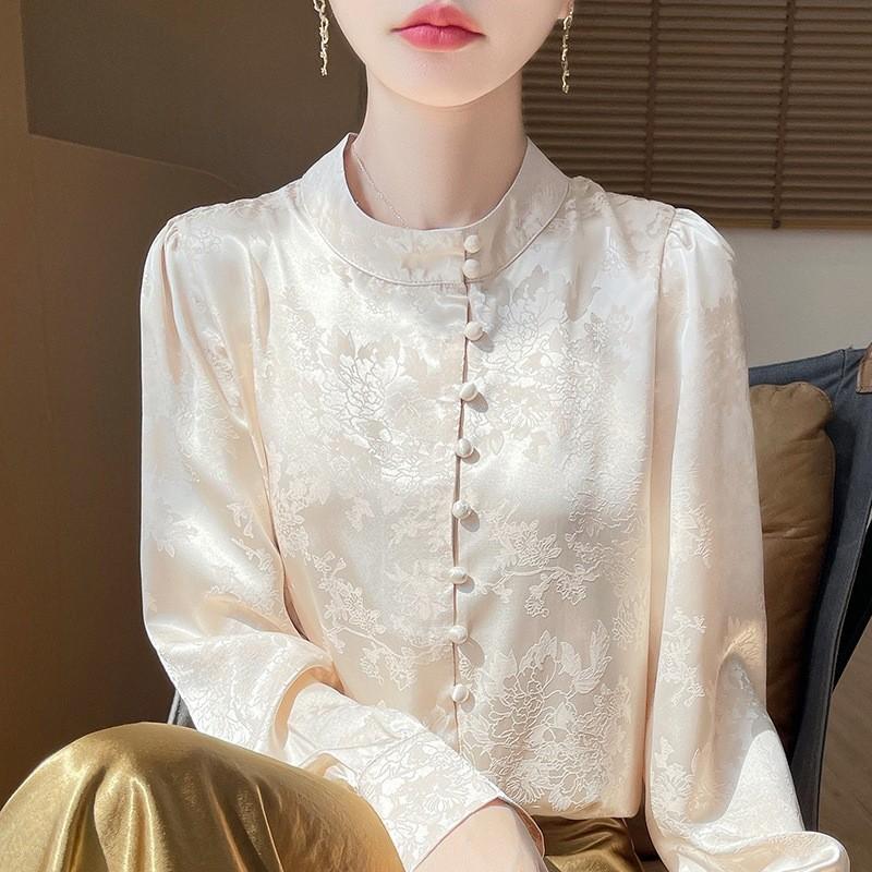 Satinseidenbluse für Damen mit Stehkragen und Taschen für Büro und Freizeit