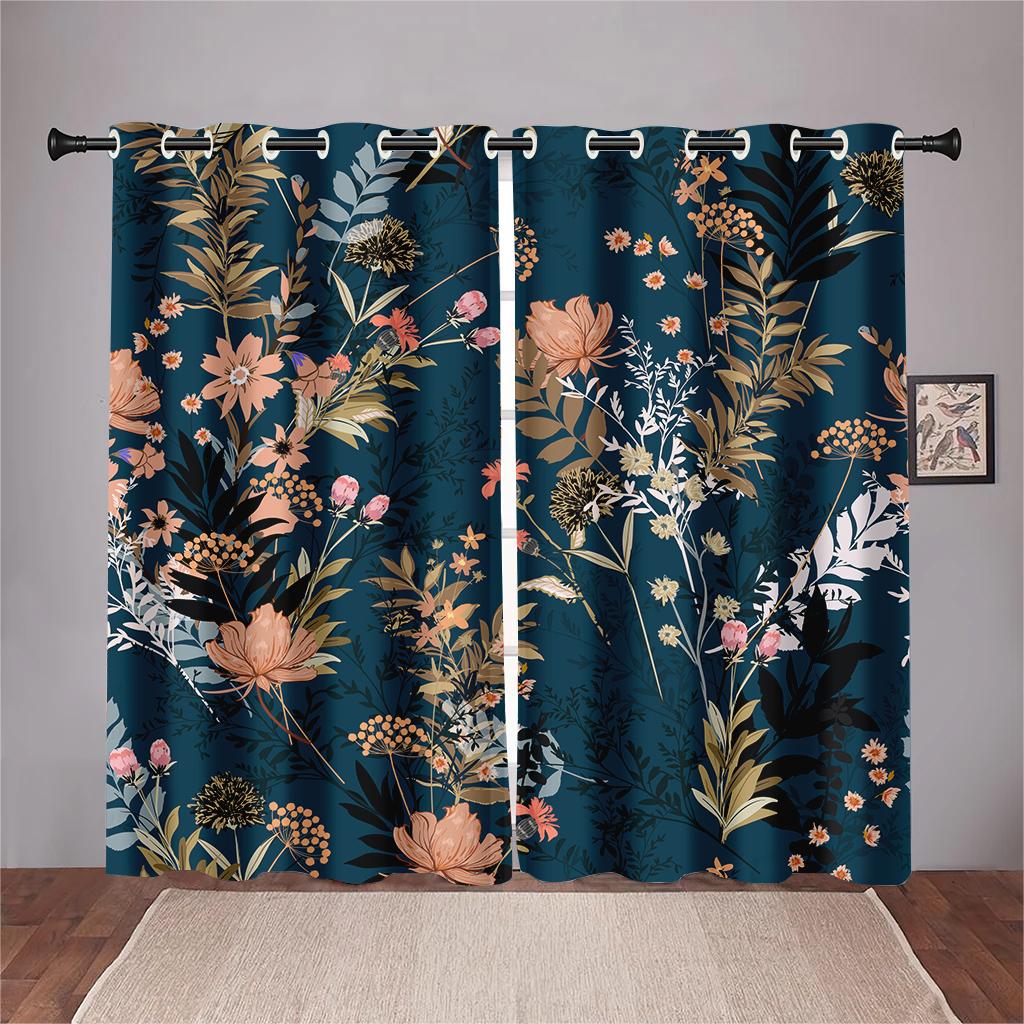 Blue Pink Floral Curtains Plant Flowers Leaves Black Background Curtains 2 Panel Living Room Bedroom Kitchen Dining Room Decor