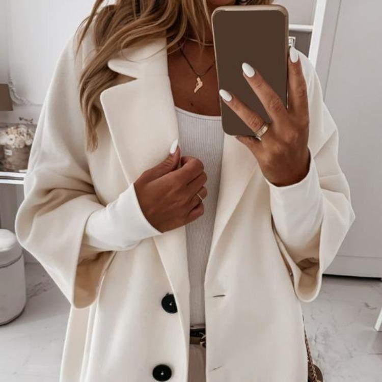 Winter Thermal Overcoat Women Double Breasted Thickened Loose Fit Coat Turn Down Collar Solid Color Pockets Three Quarter Sleeve Commuting Dating