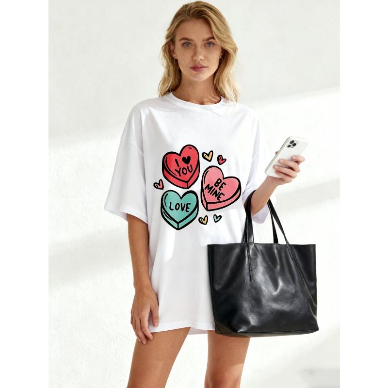 Black Oversized T-Shirt With Heart Candy Print I Love You Be Mine Valentine's Day Casual Wear For Women