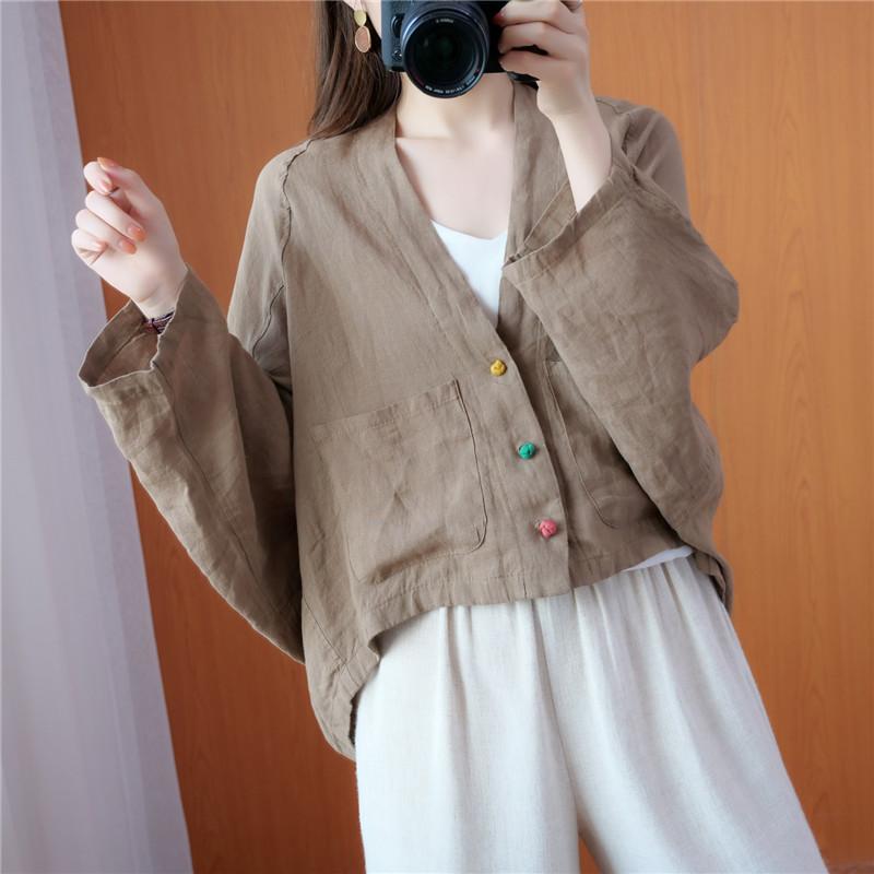 Giacche da Donna a Maniche Lunghe Stile Vintage Versatili Larghe Comode Cotone Lino Cappotti Casual da Donna
