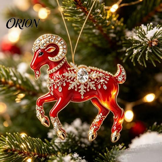 Festive Flame Red Pendant Acrylic Goat Christmas Tree Pendant, Decorative Hanging Ornament with Decoration Rhinestone, Golden Cord for New Year Party