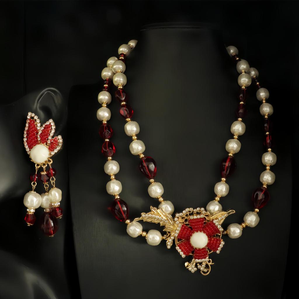 Baroque Pearl Stud Earrings & Red Hand-Woven Necklace Set