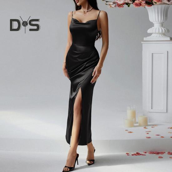 Dámské saténové bodycon šaty s špagetovými ramínky, bočními slipy, dlouhé šaty s kapucí, sexy klubové midi šaty pro večerní příležitosti, narozeninové oslavy, svatby